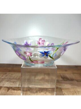 Hand-Painted Floral Clear Glass Bowl 8.25'' Wide Decorative Centerpiece